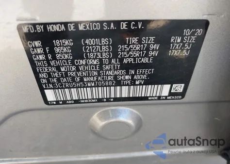 2021 Honda Hr-V 2Wd Ex z USA, uszkodzony, nr VIN 3CZRU5H53MM705882